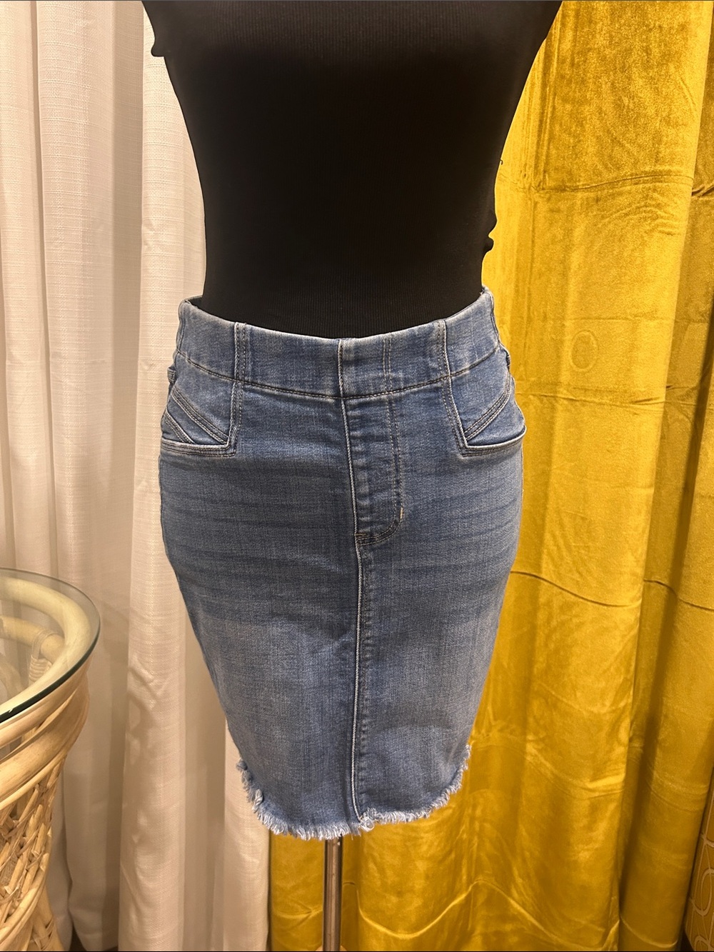 Liverpool Light Blue Denim Pencil Skirt with Frayed Hem